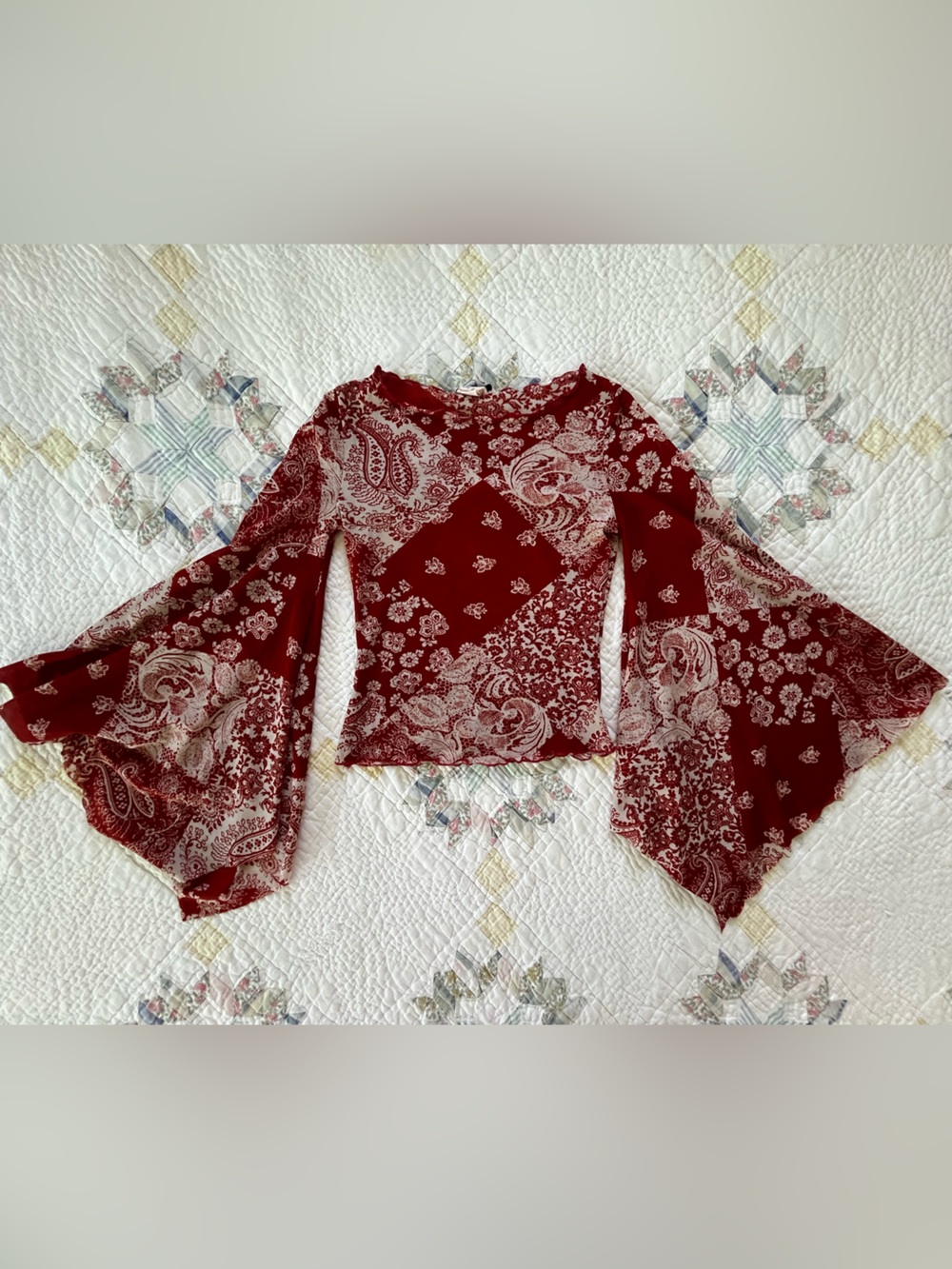 Vintage rave Red Paisley Bell-Sleeve Top